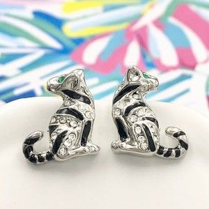 🌼 Mini Dainty Rhinestone Enamel Kitty Cat Tiger Silver Stud Earrings